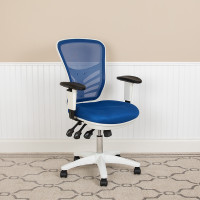 Flash Furniture HL-0001-WH-BLUE-GG Mid-Back Blue Mesh Multifunction Executive Swivel Ergonomic Office Chair with Adjustable Arms and White Frame